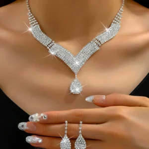 3pcs fashionable rhinestones, water droplets, necklaces, earrings, jewelry sets, women's wedding accessories