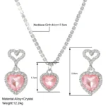 Pink Barbie Powder Shiny Crystal Peach Heart Pendant Earrings Necklace Jewelry Set for Women Engagement Wedding Bride Accessory