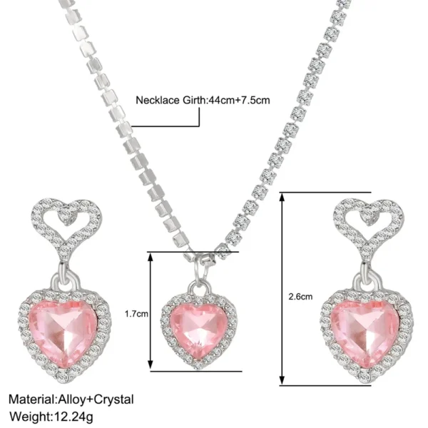 Pink Barbie Powder Shiny Crystal Peach Heart Pendant Earrings Necklace Jewelry Set for Women Engagement Wedding Bride Accessory
